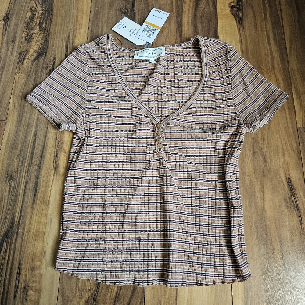 Hippe Rose Ribbed Knit Henley Striped Short Sleeve Top New